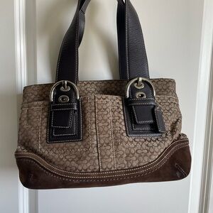 Coach Signature Canvas Shoulder Bag with Dark Brown Trim